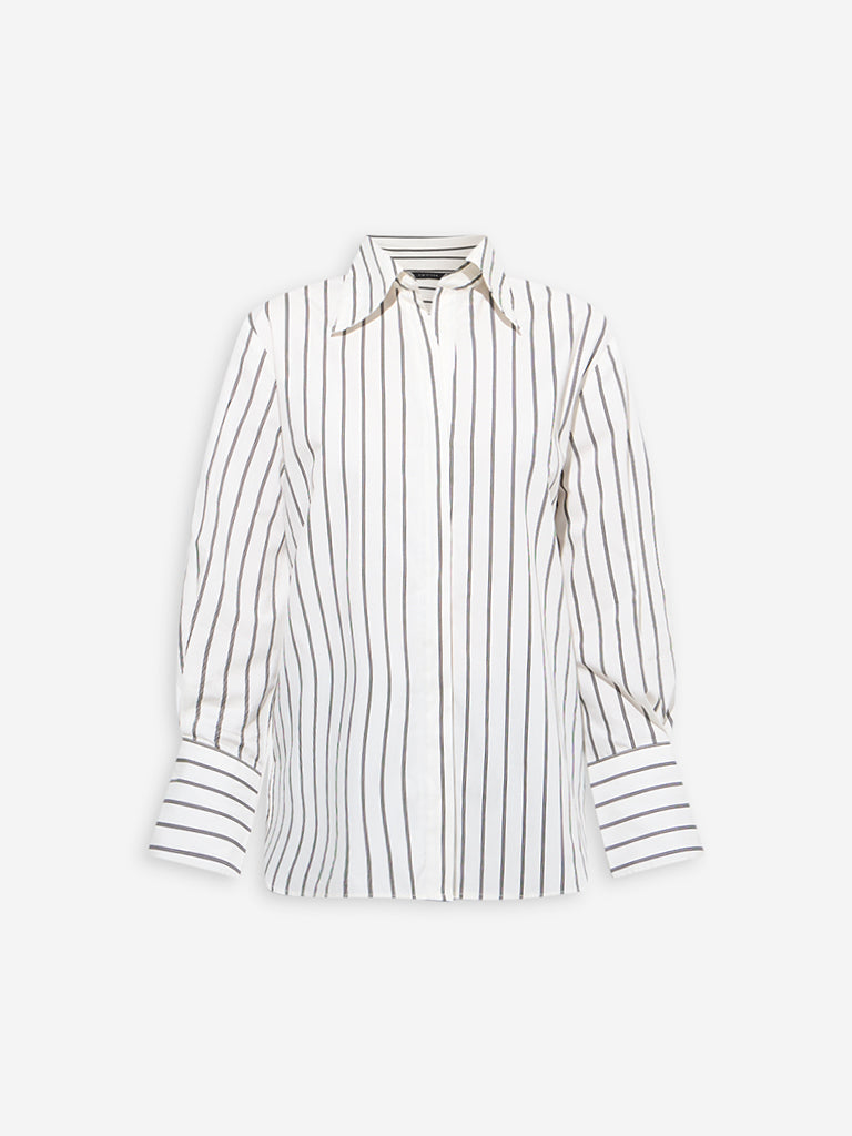 Westside Wardrobe Women's White Stripe Patterned Shirt for Work Wear Flatly