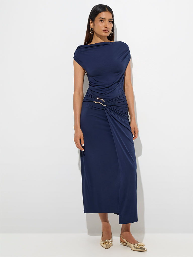Westside Wardrobe Women's Navy Ruched Midi Dress for Work Wear Full View