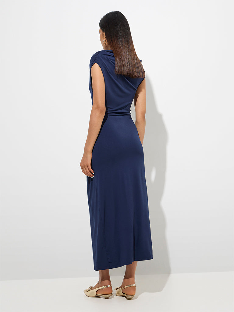 Westside Wardrobe Women's Navy Ruched Midi Dress for Work Wear Back View
