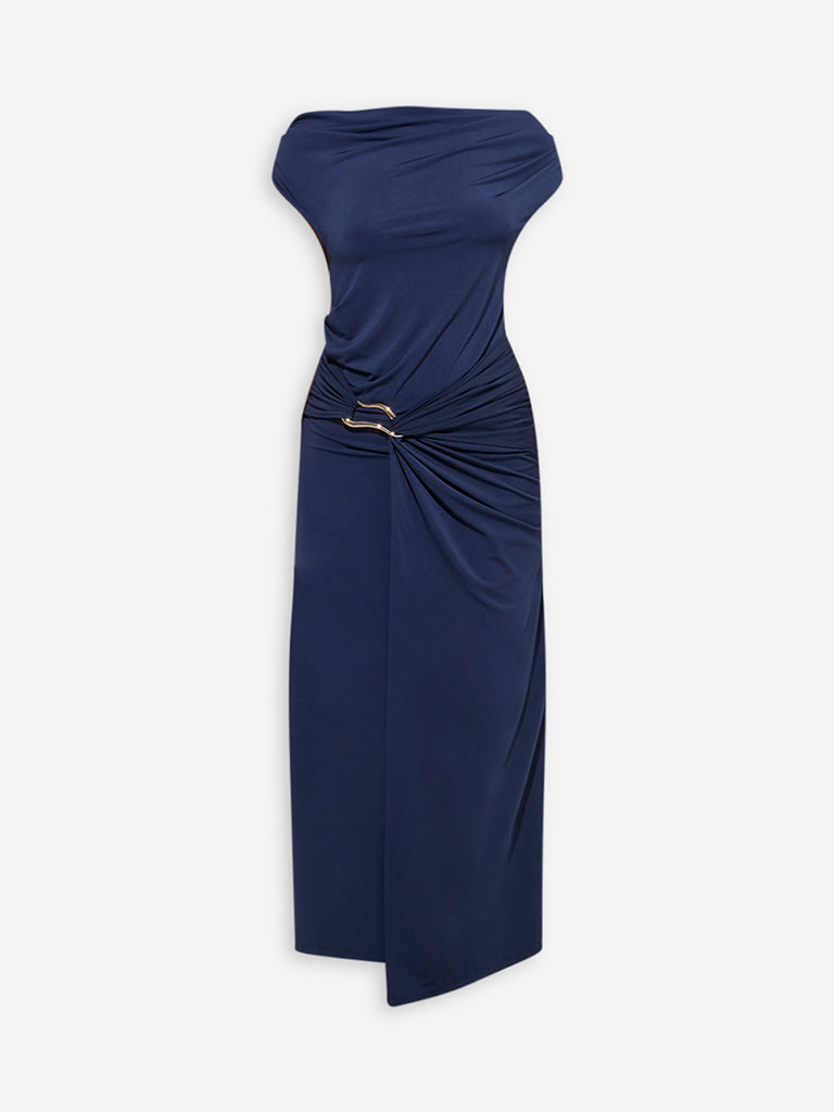 Westside Wardrobe Women's Navy Ruched Midi Dress for Work Wear Flatly