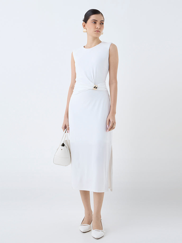 Westside Wardrobe Women's White Solid Sheath Dress for Work Wear Front view
