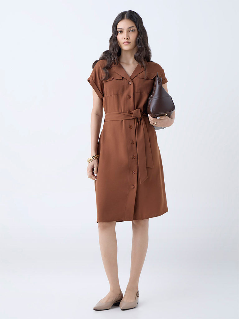 Westside Wardrobe Women's Tan Solid Shirt Dress with Belt for Work Wear Full View