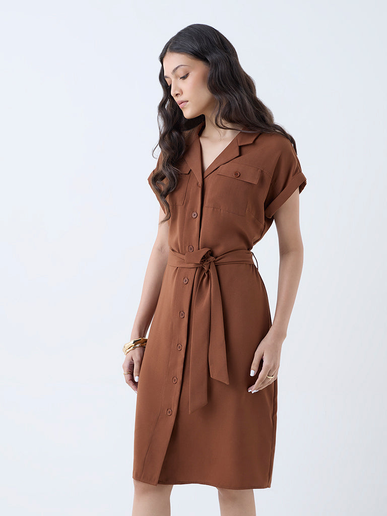 Westside Wardrobe Women's Tan Solid Shirt Dress with Belt for Work Wear Front View