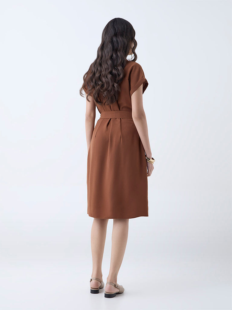 Westside Wardrobe Women's Tan Solid Shirt Dress with Belt for Work Wear Back View