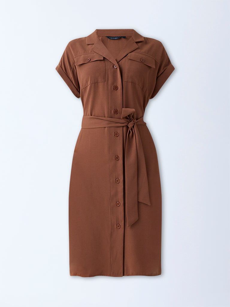 Westside Wardrobe Women's Tan Solid Shirt Dress with Belt for Work Wear Flatly