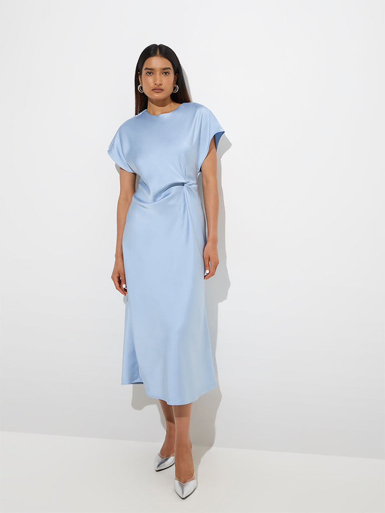 Westside Wardrobe Women's Light Blue Knot-Detailed A-Line Dress for Work Wear Front View