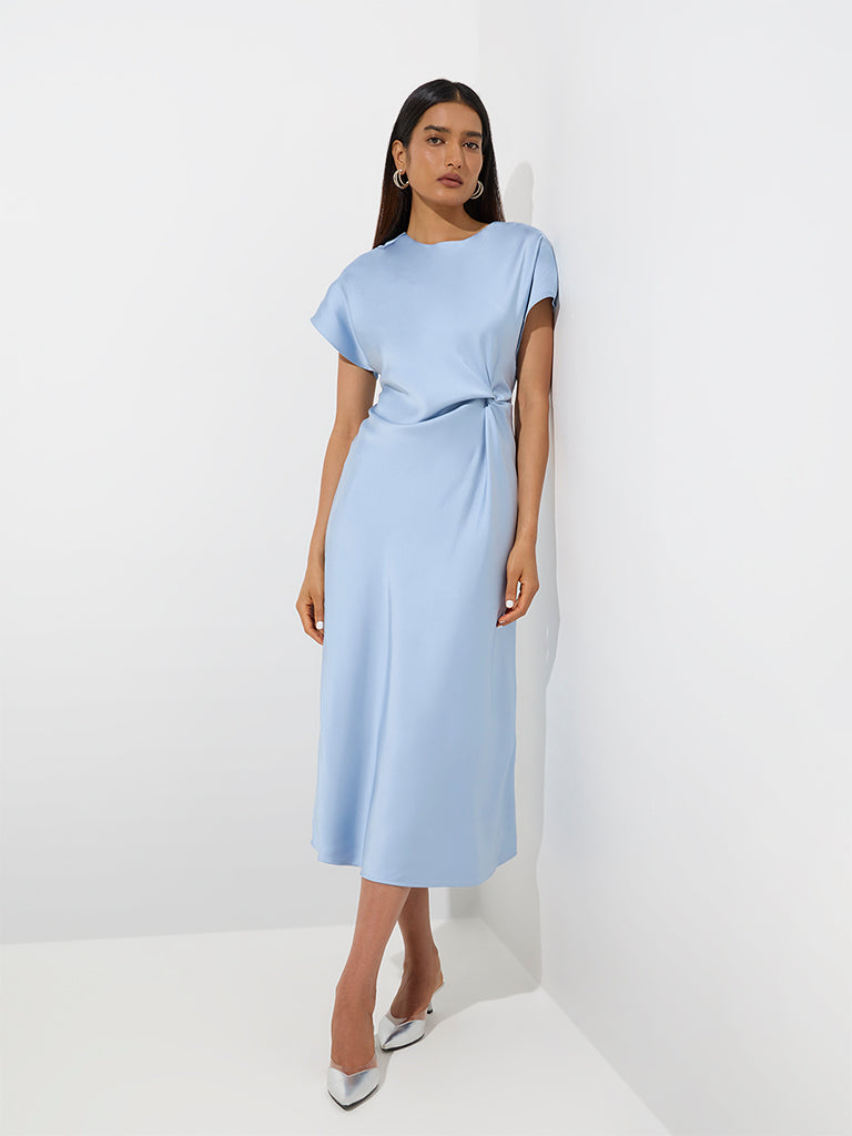 Westside Wardrobe Women's Light Blue Knot-Detailed A-Line Dress for Work Wear Full View