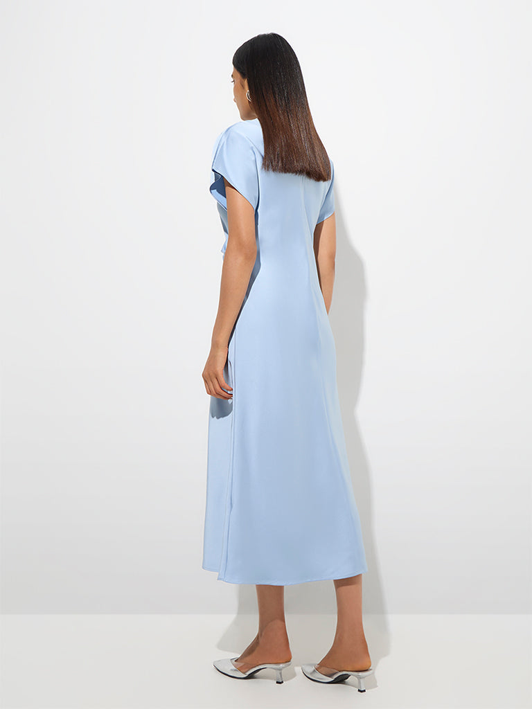 Westside Wardrobe Women's Light Blue Knot-Detailed A-Line Dress for Work Wear Back View