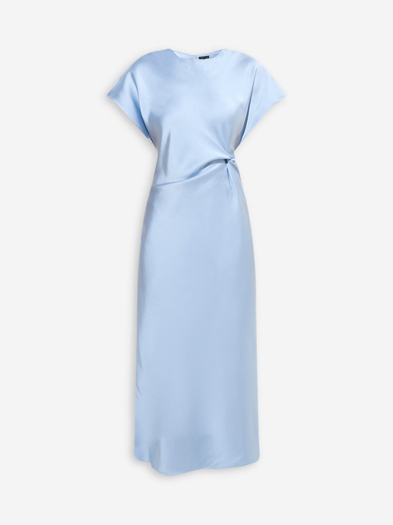 Westside Wardrobe Women's Light Blue Knot-Detailed A-Line Dress for Work Wear Flatly