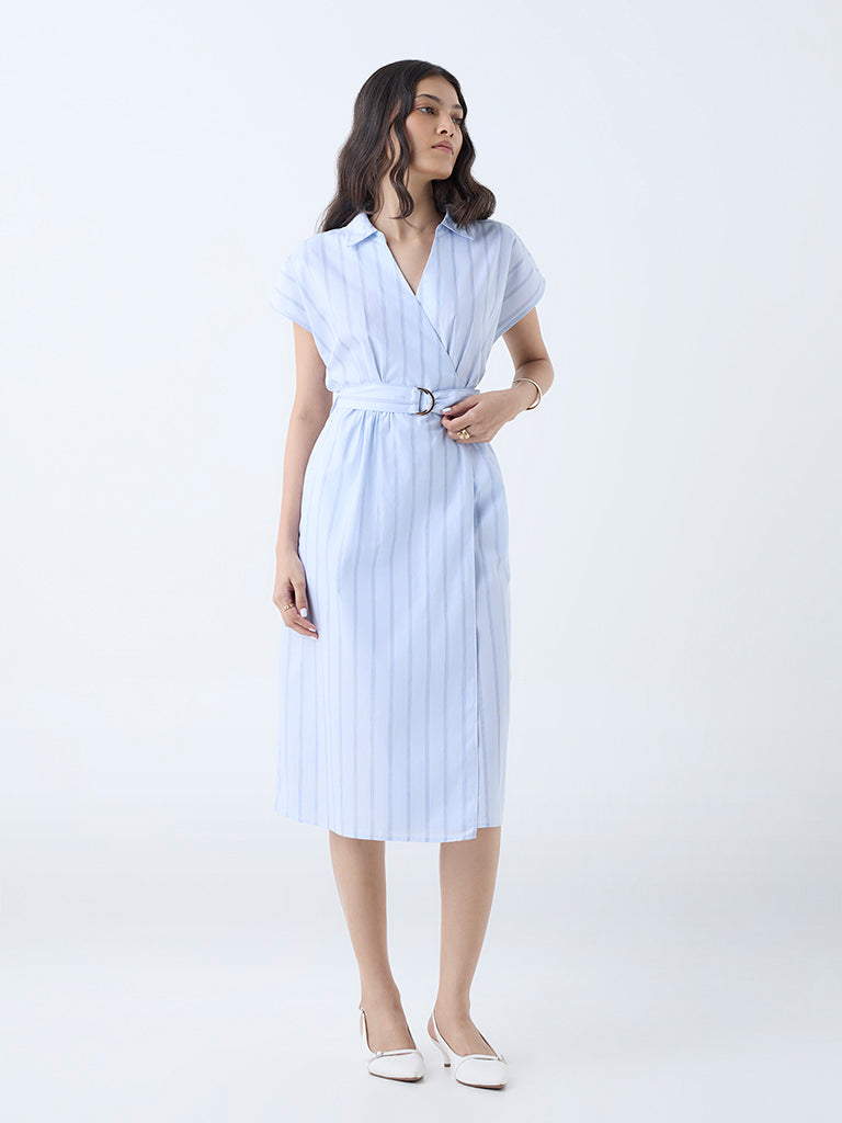 Westside Wardrobe Women's Light Blue Striped Cotton Wrap Dress with Belt for Work Wear Full View