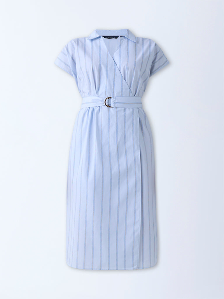 Westside Wardrobe Women's Light Blue Striped Cotton Wrap Dress with Belt for Work Wear Flatly