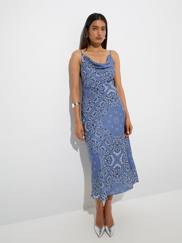 Westside Wardrobe Women's Dusty Blue Paisley Patterned A-Line Dress for Work Wear Front View