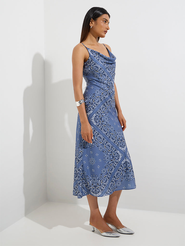 Westside Wardrobe Women's Dusty Blue Paisley Patterned A-Line Dress for Work Wear Full View