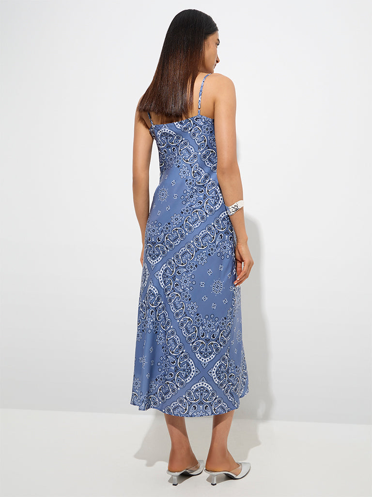 Westside Wardrobe Women's Dusty Blue Paisley Patterned A-Line Dress for Work Wear Back View