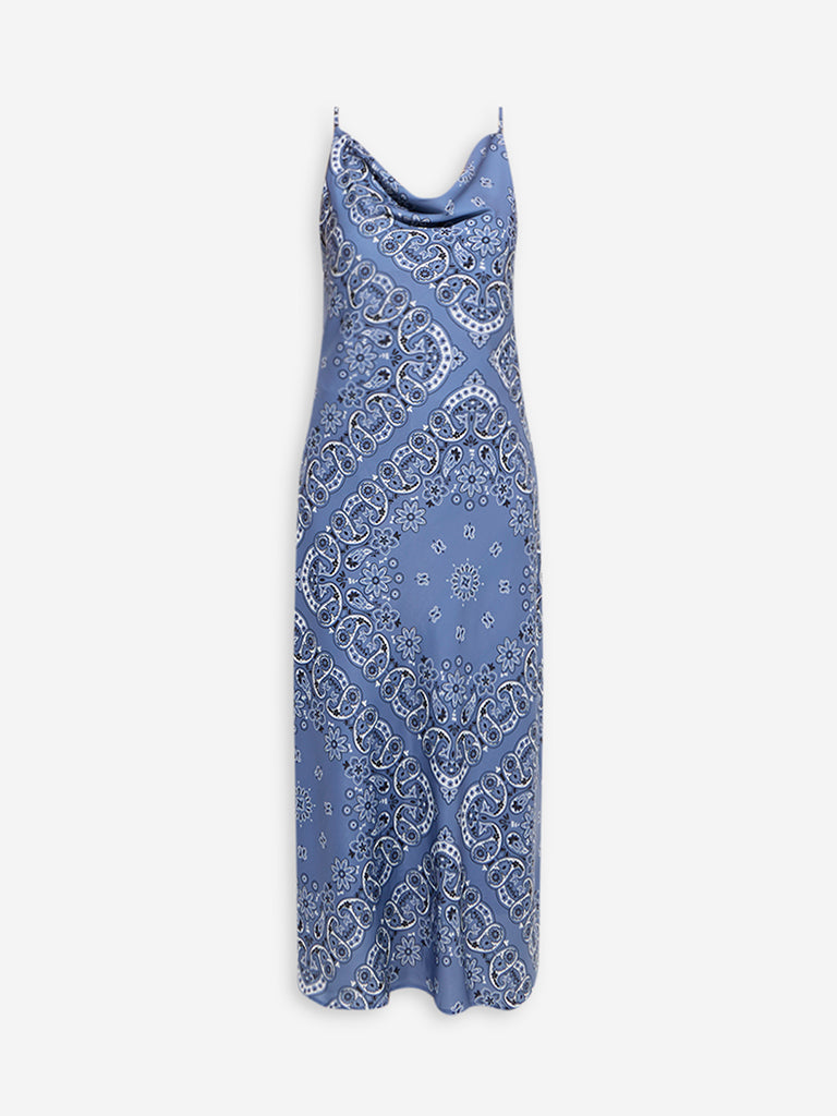 Westside Wardrobe Women's Dusty Blue Paisley Patterned A-Line Dress for Work Wear Flatly