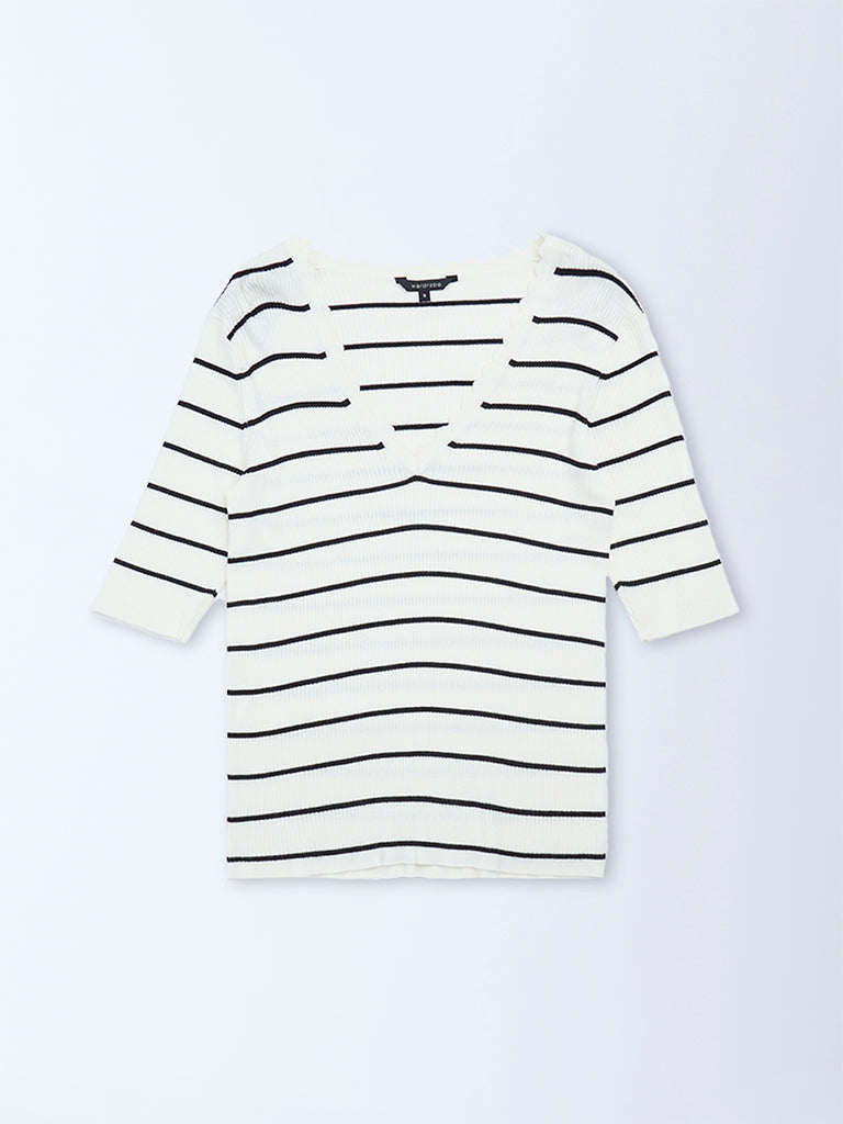 Wardrobe White Striped Ribbed Top