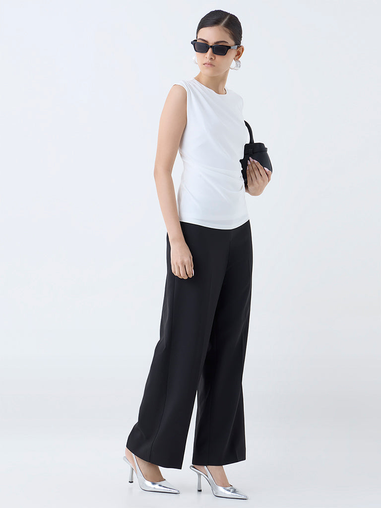 Westside Wardrobe Women's White Solid Ruched Top for Work Wear Full View