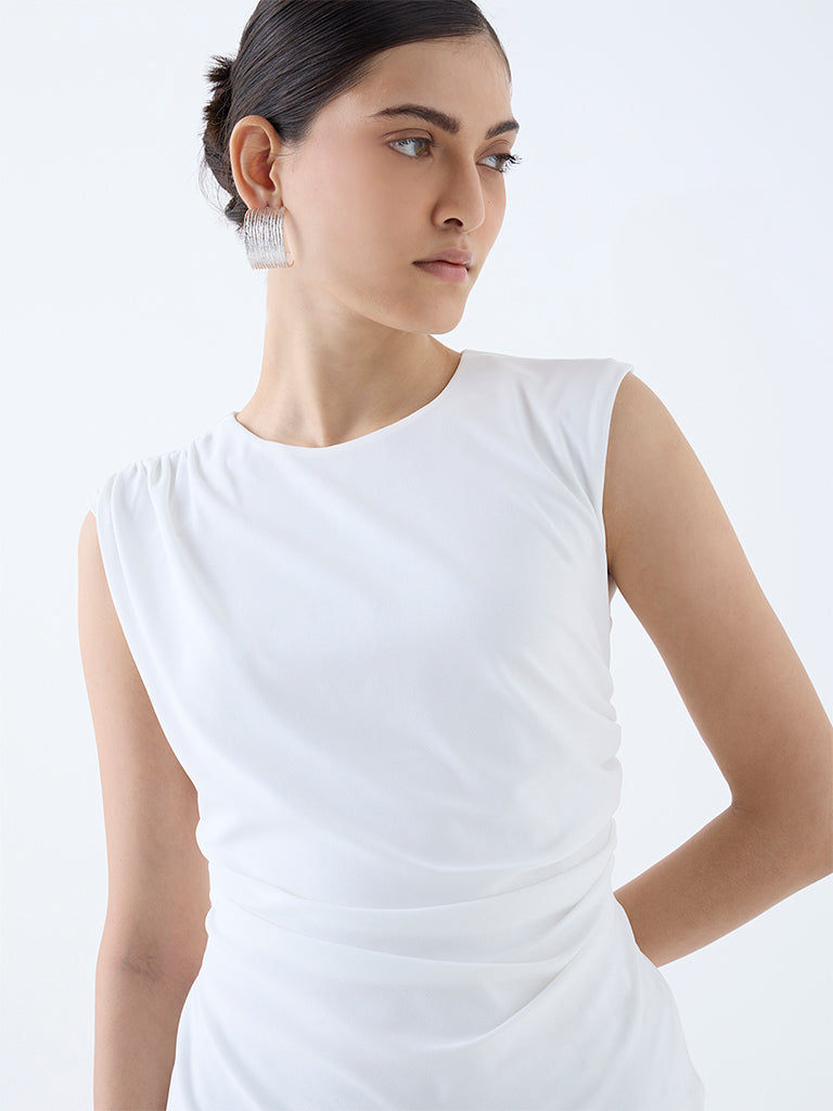 Westside Wardrobe Women's White Solid Ruched Top for Work Wear Zoomed View