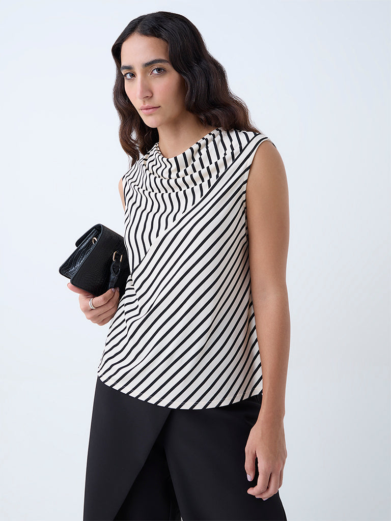 Westside Wardrobe Women's Off-White Striped Top for Work Wear Front View