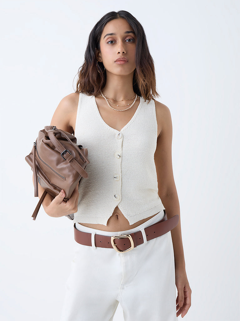 LOV White Knit-Textured Top