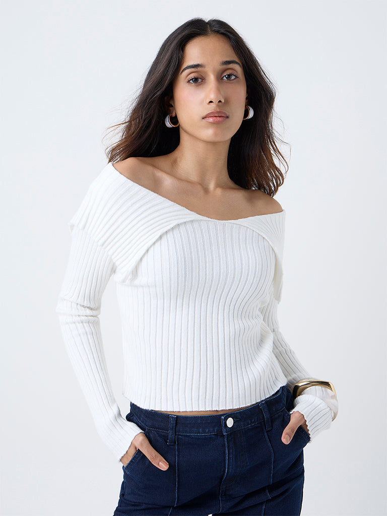 LOV White Ribbed Off-Shoulder Top