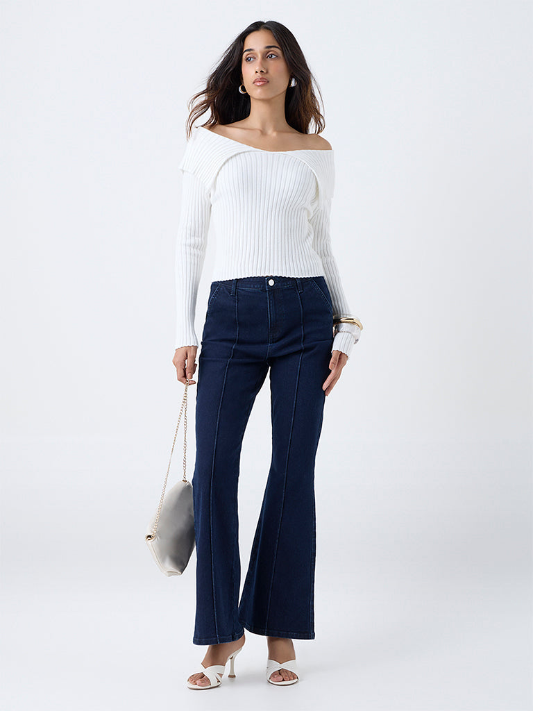 LOV White Ribbed Off-Shoulder Top