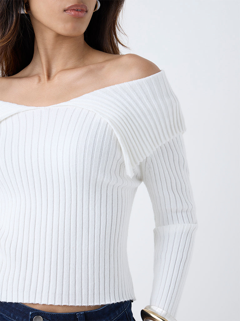 LOV White Ribbed Off-Shoulder Top