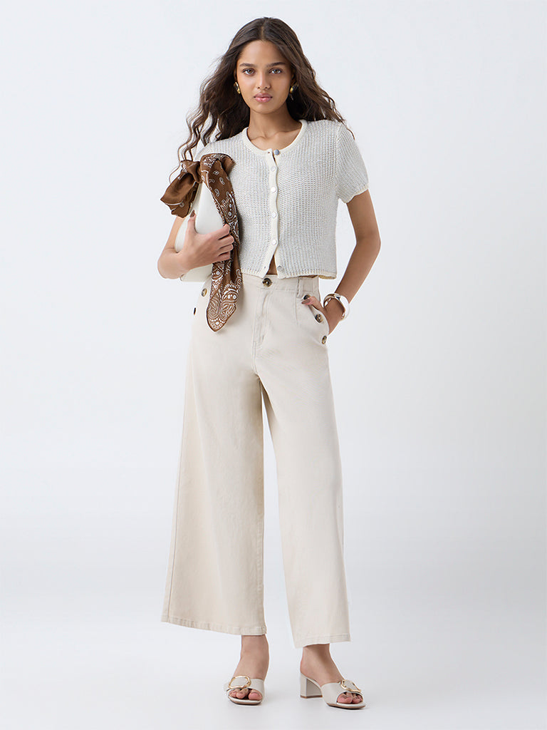 LOV Ivory Knit-Textured Cardigan