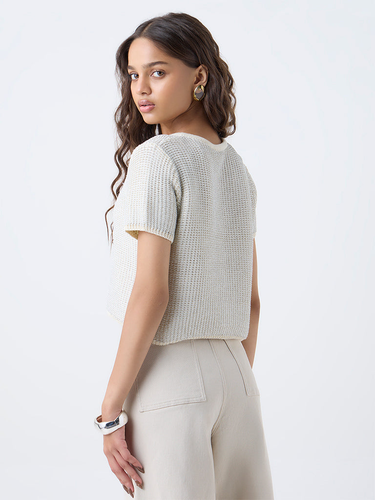 LOV Ivory Knit-Textured Cardigan