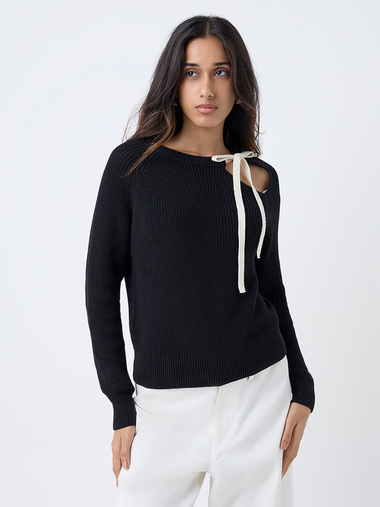 LOV Black Knitted Bow-Detail Cotton-Blend Sweater