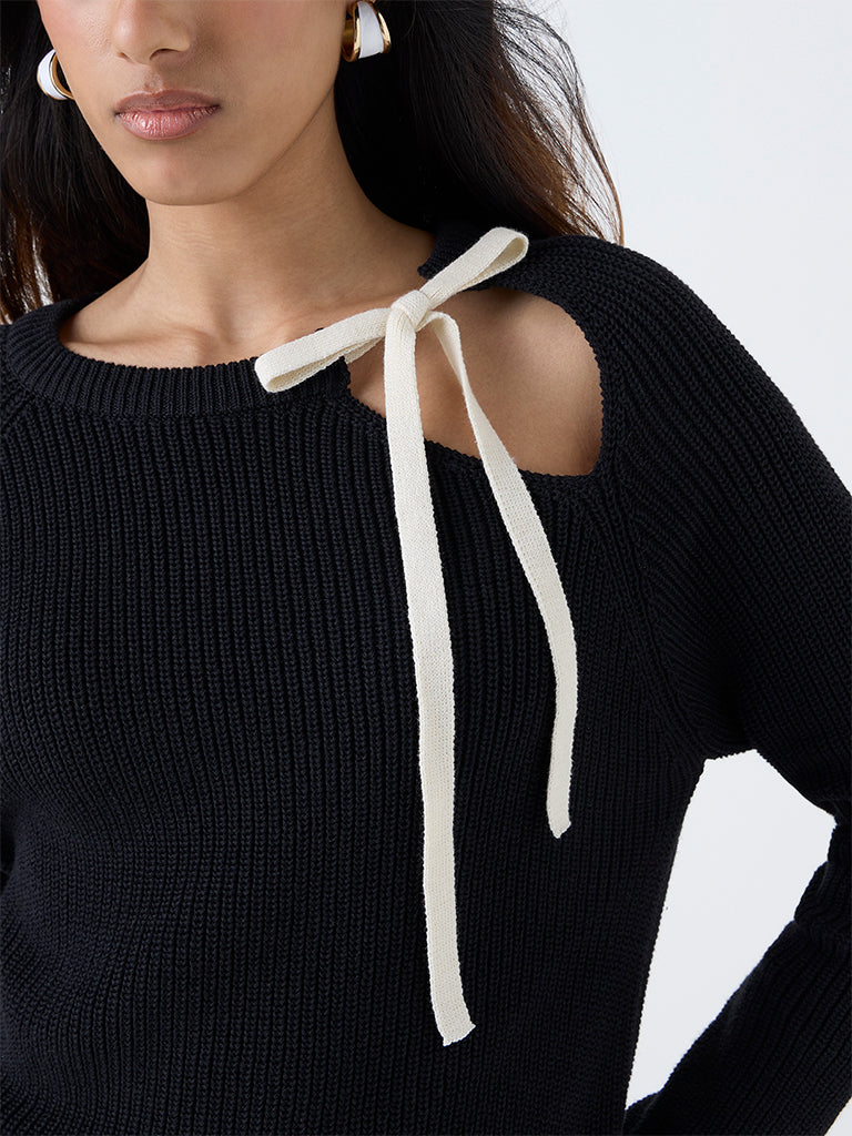 LOV Black Knitted Bow-Detail Cotton-Blend Sweater