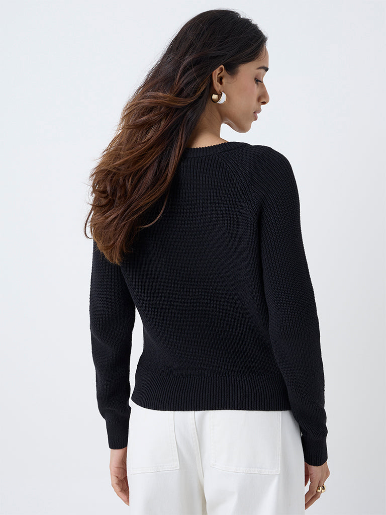 LOV Black Knitted Bow-Detail Cotton-Blend Sweater