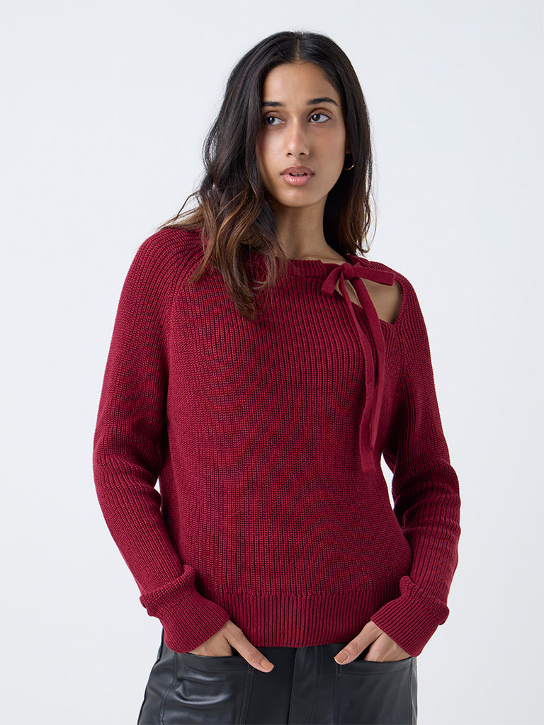 LOV Burgundy Knitted Bow-Detail Cotton-Blend Sweater
