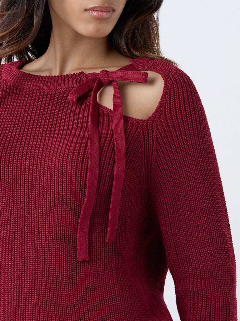 LOV Burgundy Knitted Bow-Detail Cotton-Blend Sweater