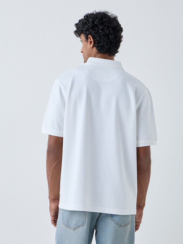 Westside WES Casuals Men's White Relaxed-Fit Cotton-Blend Polo T-Shirt for Casual Wear Back View