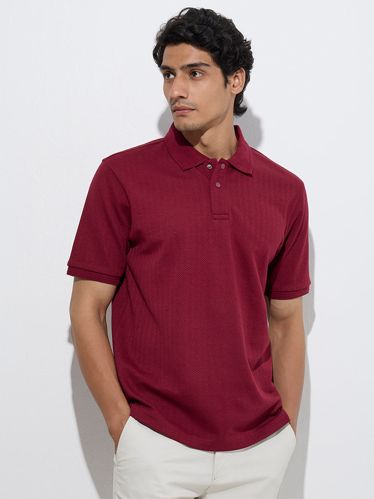 Westside WES Casuals Men's Wine Relaxed-Fit Cotton-Blend Polo T-Shirt for Casual Wear Front View