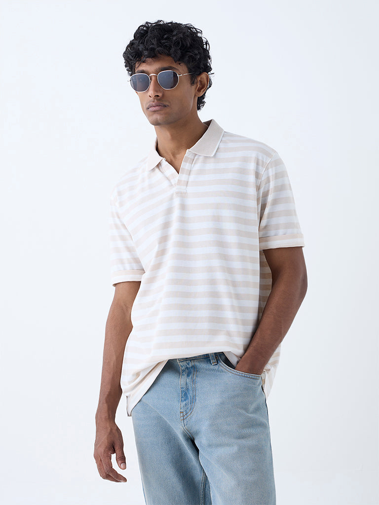 Westside WES Casuals Men's Beige Relaxed-Fit Cotton-Blend Polo T-Shirt for Casual Wear Front View