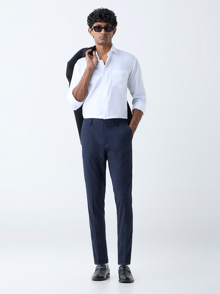WES Formals Navy Checkered Relaxed-Fit Mid-Rise Trousers