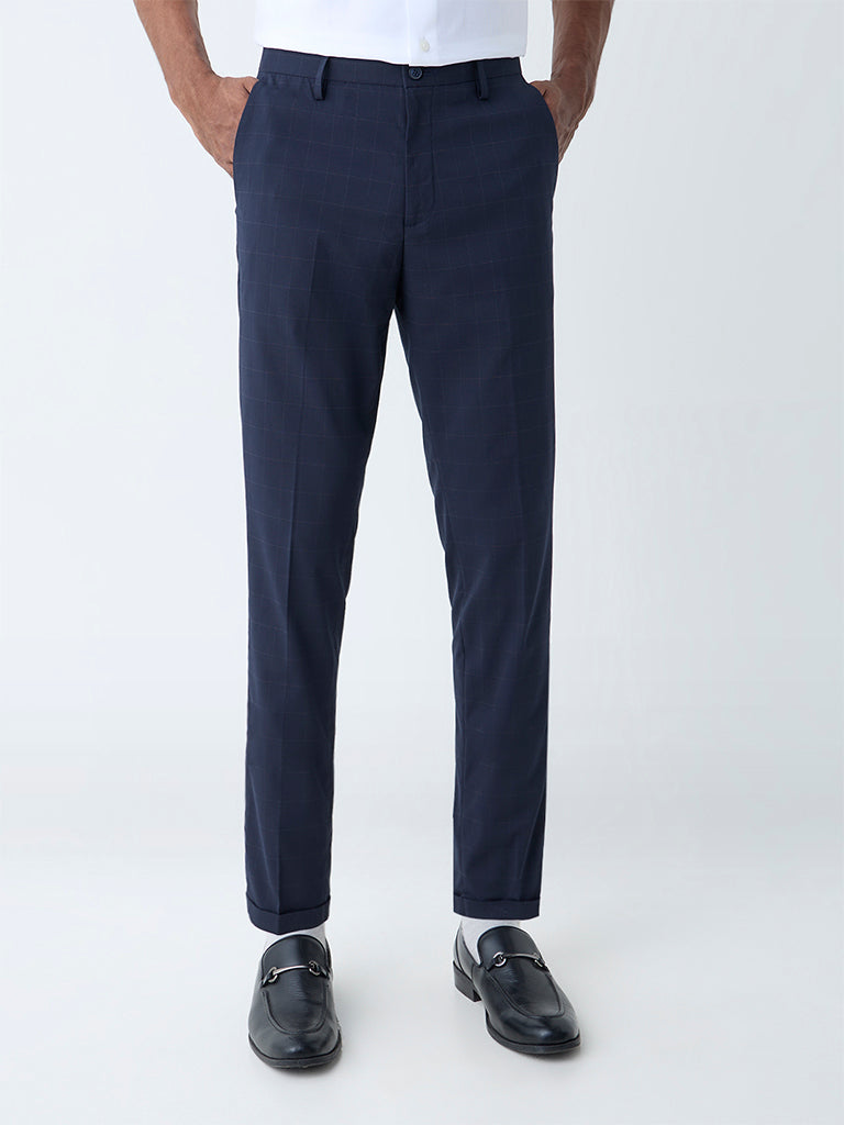 WES Formals Navy Checkered Relaxed-Fit Mid-Rise Trousers