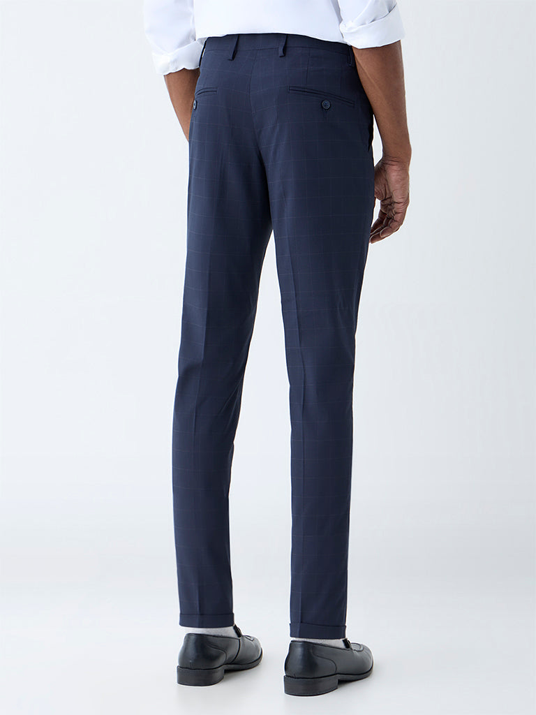 WES Formals Navy Checkered Relaxed-Fit Mid-Rise Trousers