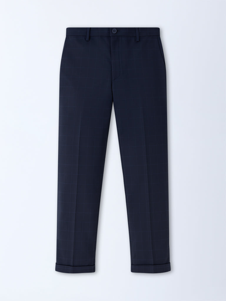 WES Formals Navy Checkered Relaxed-Fit Mid-Rise Trousers