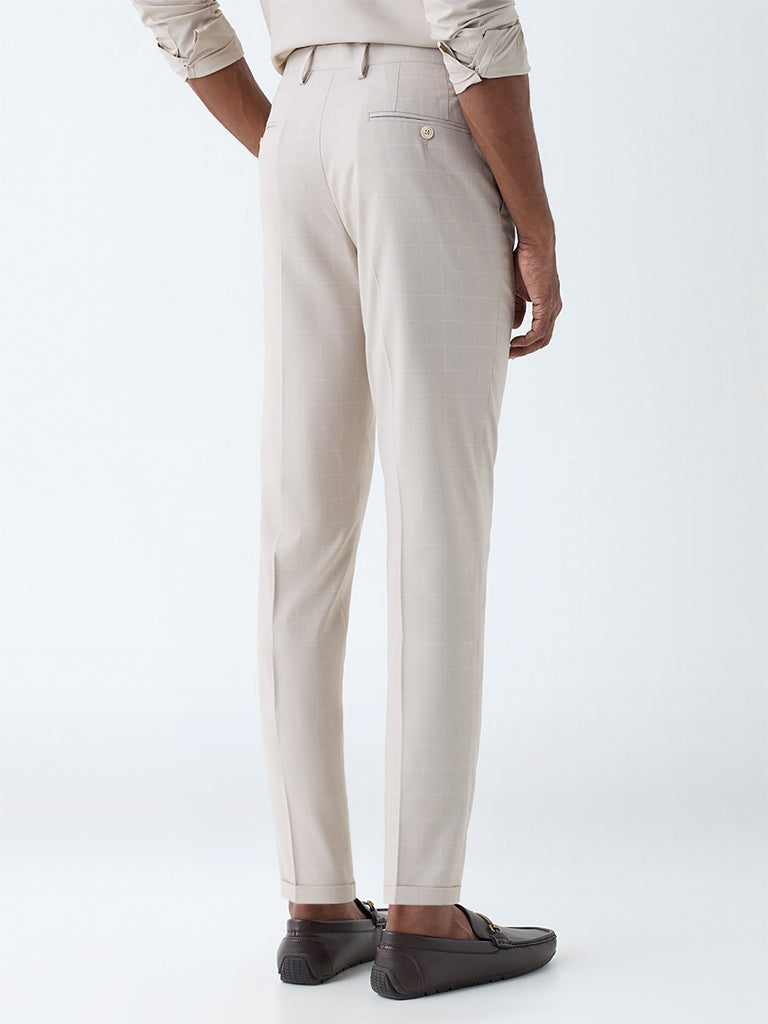 WES Formals Beige Checkered Relaxed-Fit Mid-Rise Trousers
