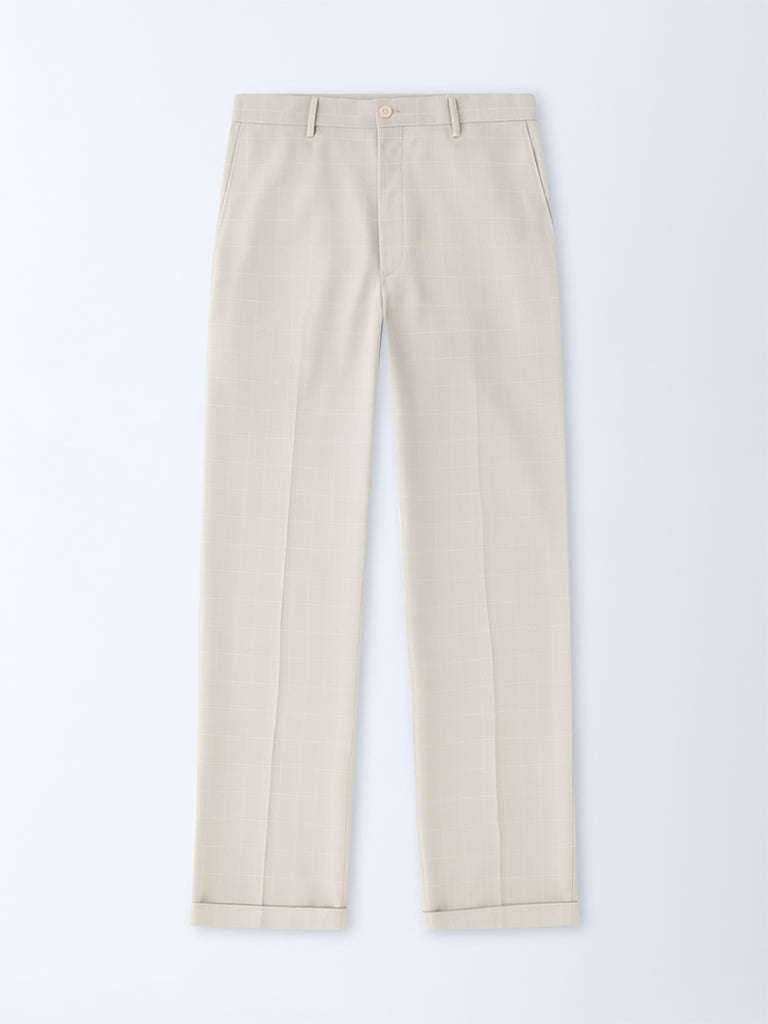 WES Formals Beige Checkered Relaxed-Fit Mid-Rise Trousers