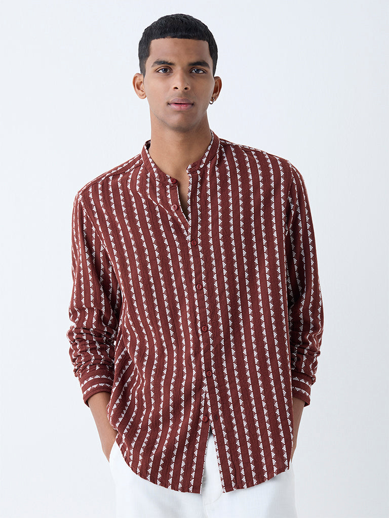 Westside ETA Men's Brown Embroidered Resort-Fit Cotton Shirt for Casual Wear Front View