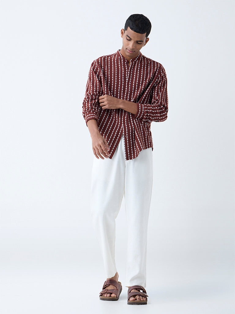 Westside ETA Men's Brown Embroidered Resort-Fit Cotton Shirt for Casual Wear Full View
