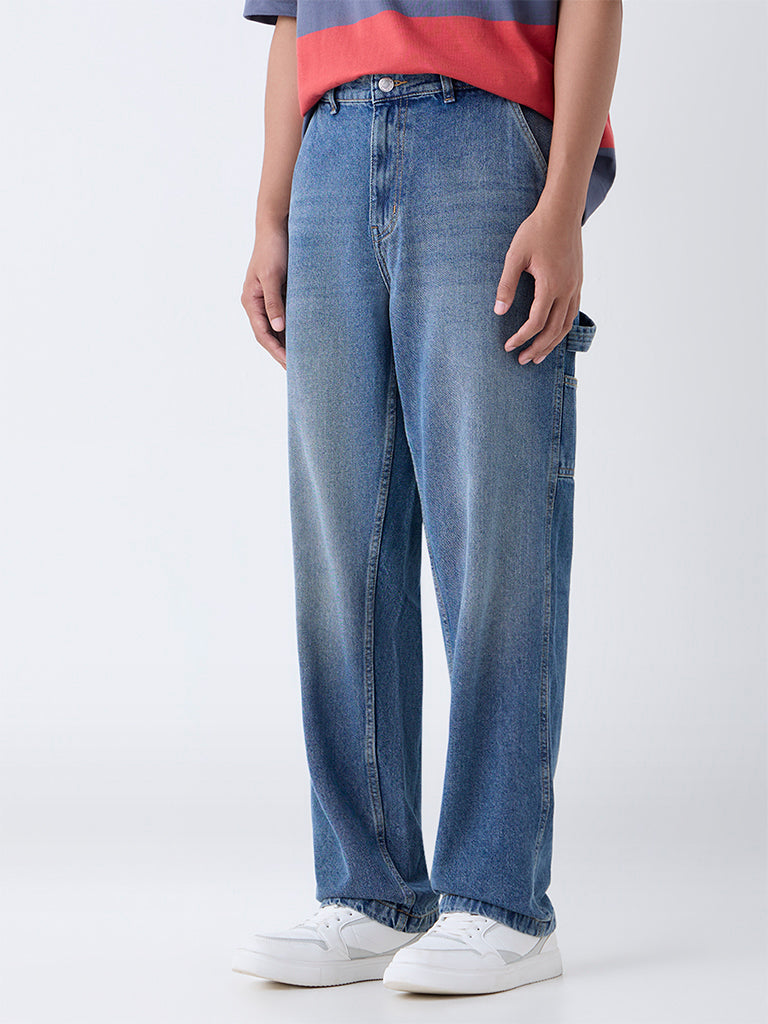 Nuon Blue Faded Relaxed-Fit Mid-Rise Jeans