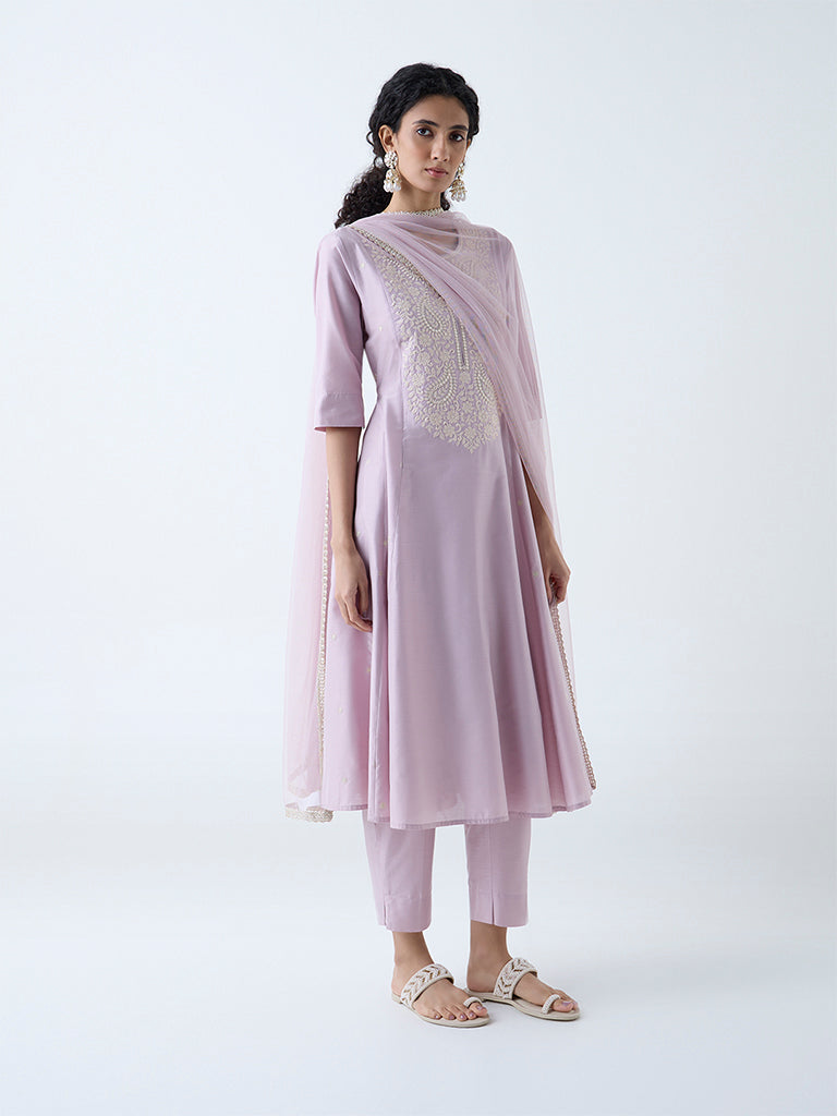 Westside Vark Women's Lilac Paisley Embroidered Anarkali Ethnic Set for Festive Wear Front View
