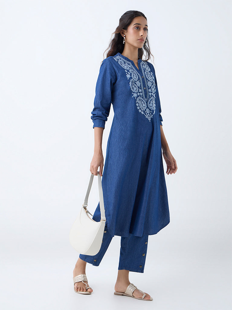 Utsa Indigo Embroidered Straight Denim Kurta
