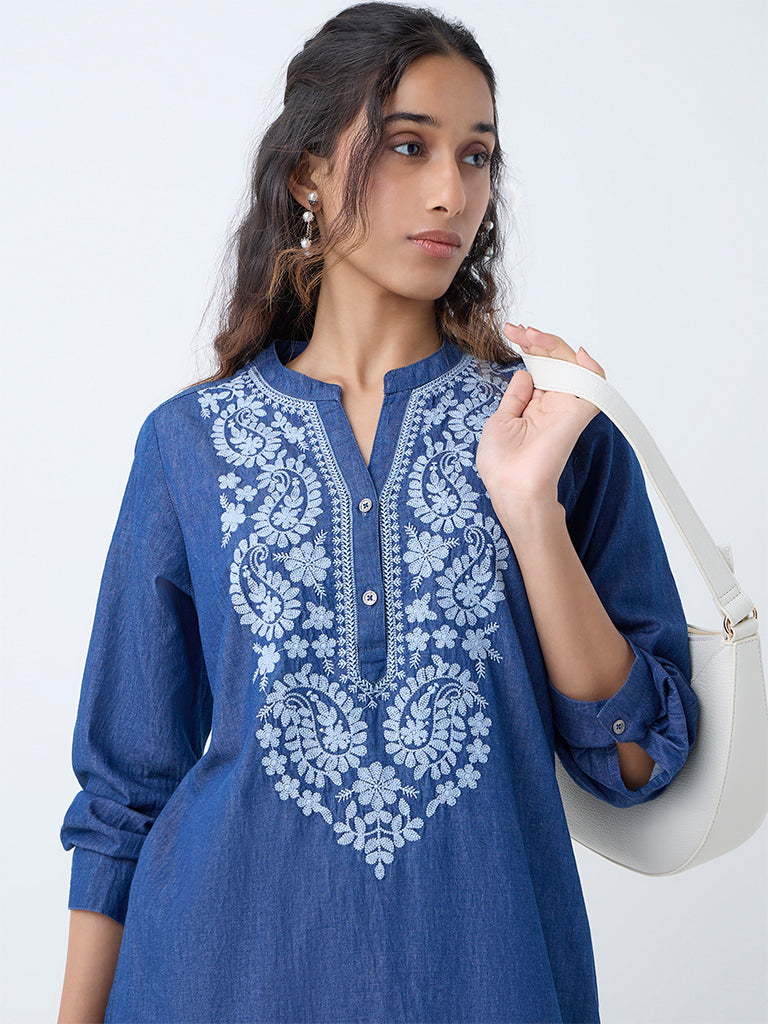Utsa Indigo Embroidered Straight Denim Kurta