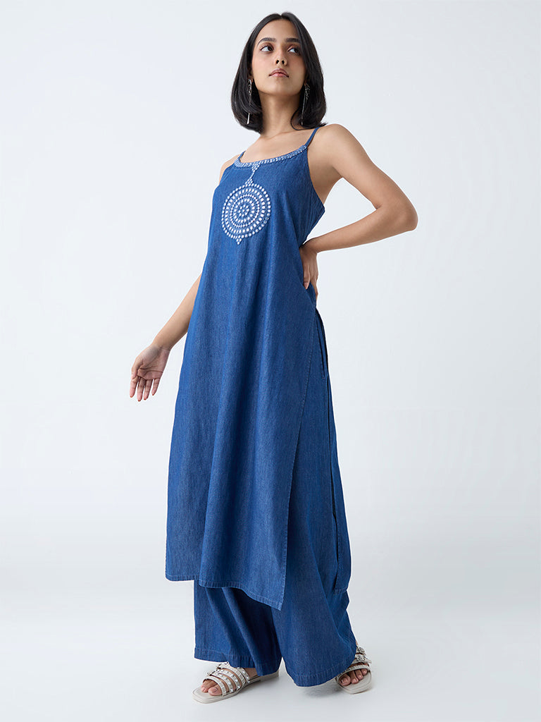 Utsa Indigo Mirror Detailed Denim A-Line Kurta